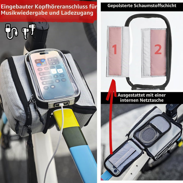 Rhinowalk Fahrrad Rahmentasche mit Handyhalter – wasserdichte Oberrohrtasche mit Regenschutz, Doppel