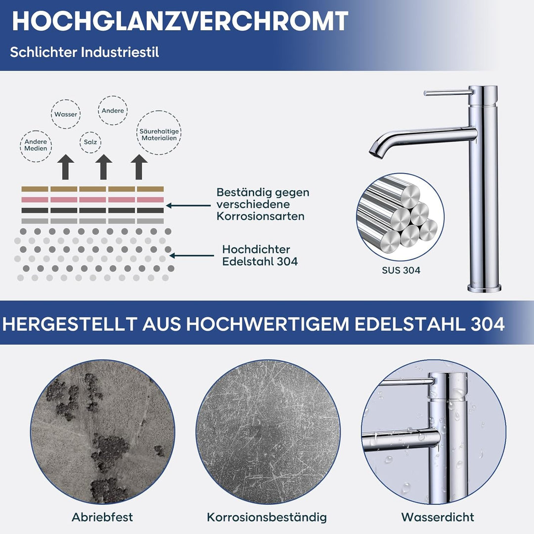 Waschtischarmatur Hoch Edelstahl, BuntHaus Mischbatterie Bad, Wasserhahn Einhebelmischer Keramikkart
