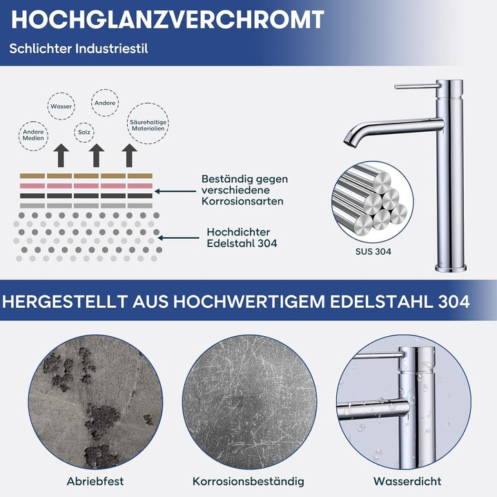 Waschtischarmatur Hoch Edelstahl, BuntHaus Mischbatterie Bad, Wasserhahn Einhebelmischer Keramikkart
