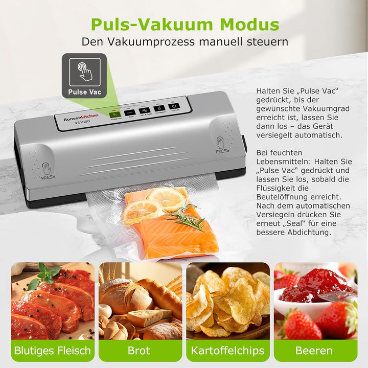 Bonsenkitchen Vakuumiergerät, 30 cm stabile Schweissnaht, Pulse-Funktion für Feuchtes, externer Vaku