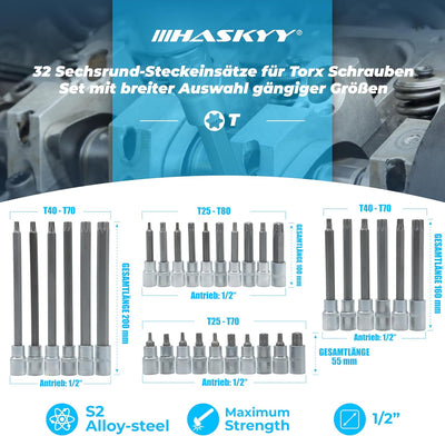 32 tlg Torx Steckschlüssel Satz T25 - T80 Innen Nüsse Bits Werkzeug Set Nuss