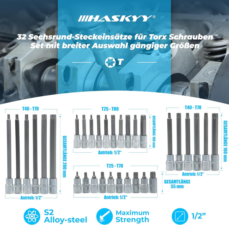 32 tlg Torx Steckschlüssel Satz T25 - T80 Innen Nüsse Bits Werkzeug Set Nuss