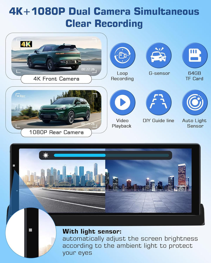 4K Carplay Display Android Auto Display mit Exklusive Halterung, 350° Drehbare Frontkamera 10,26 Zol