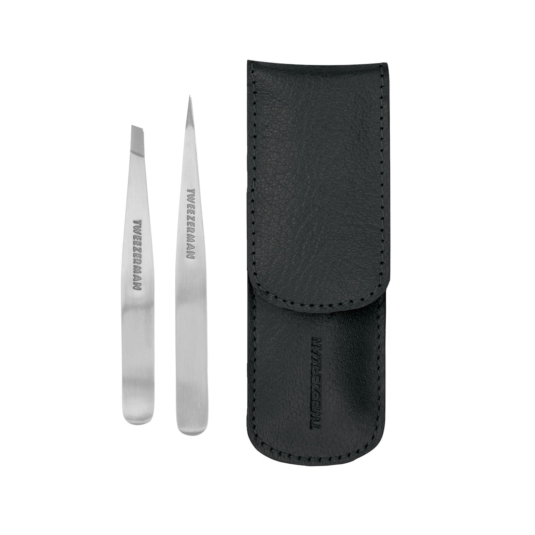TWEEZERMAN Pinzetten Set mit Leder-Etui aus Rostfreiem Edelstahl, Schräge und Spitze Ausfürhung, Sch