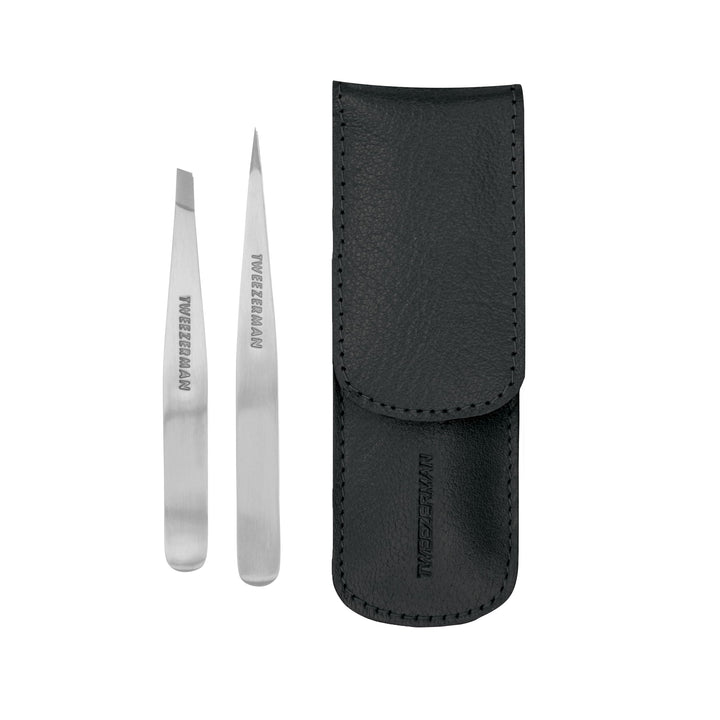 TWEEZERMAN Pinzetten Set mit Leder-Etui aus Rostfreiem Edelstahl, Schräge und Spitze Ausfürhung, Sch