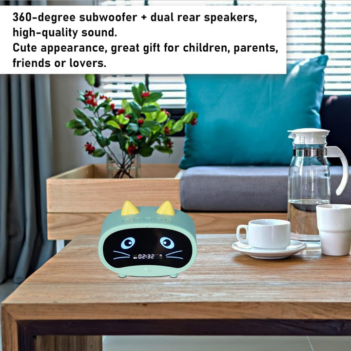 Bluetooth-Lautsprecher, Kleiner Radiowecker für Schlafzimmer, Doppelalarm, LED-Anzeige, Süsses Katze