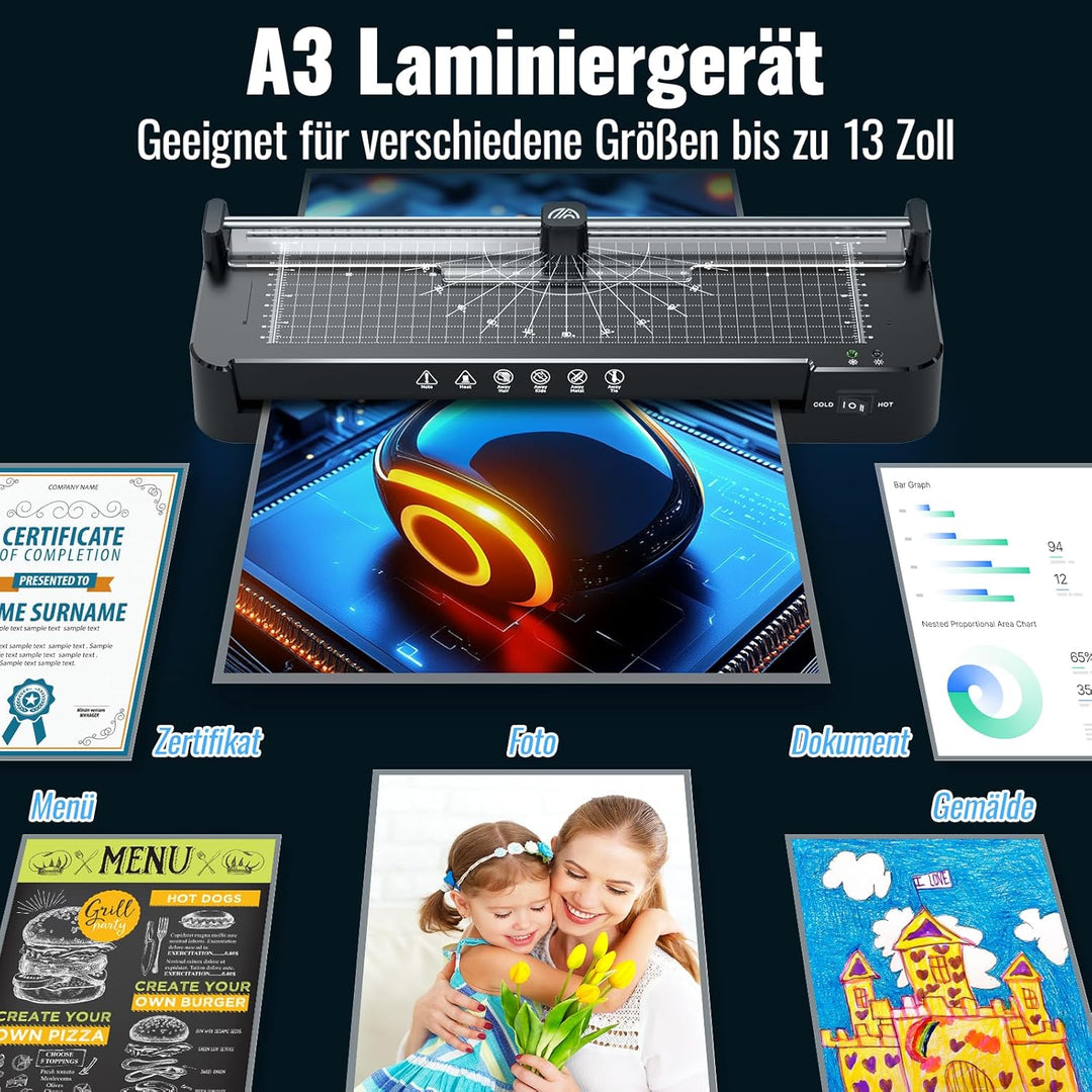 Laminiergerät A3 für A3 A4 A5 A6 A7 mit 50pcs Laminierfolien, Heiss und Kalt Laminiergerät mit Papie