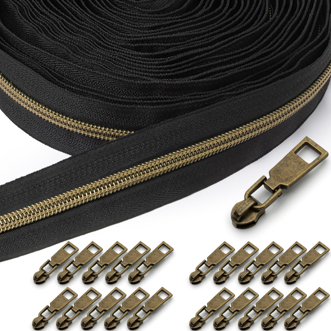 Sonekin 15 M Endlosreissverschluss mit Zipper (Schwarz + Antikbronze) | Einfach zu Montieren, Leicht