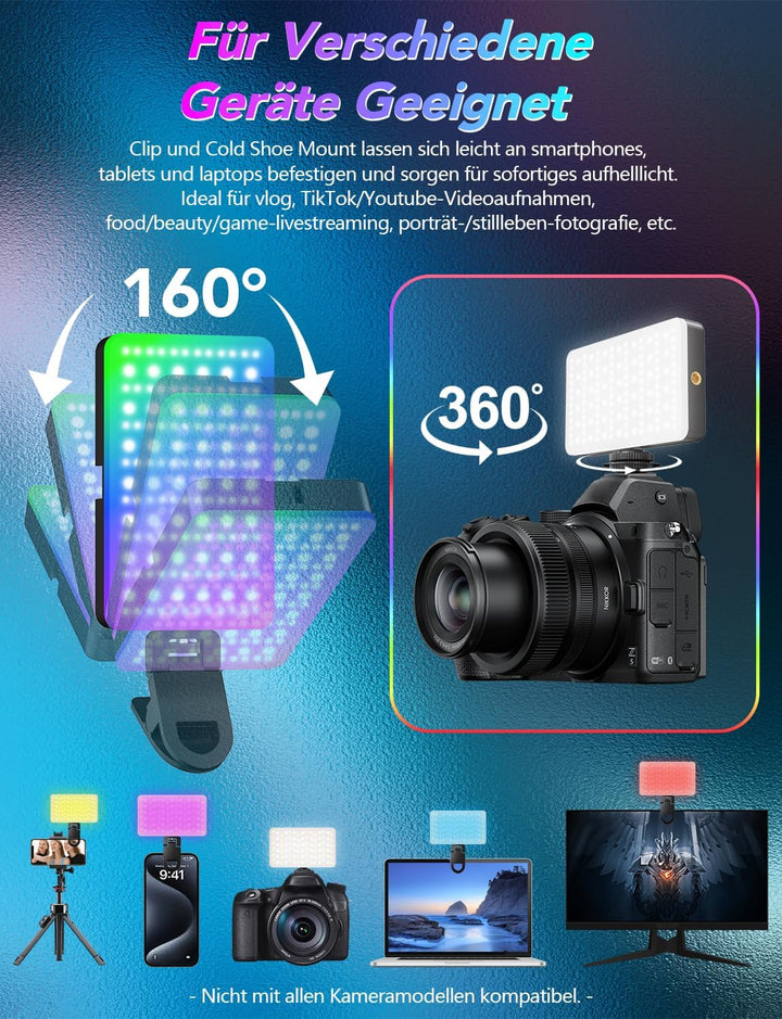 RGB 138 LED Videolicht, Tragbares 2700-6500K Handy Licht, Wiederaufladbar 1800mAh CRI95+ Selfie Lich