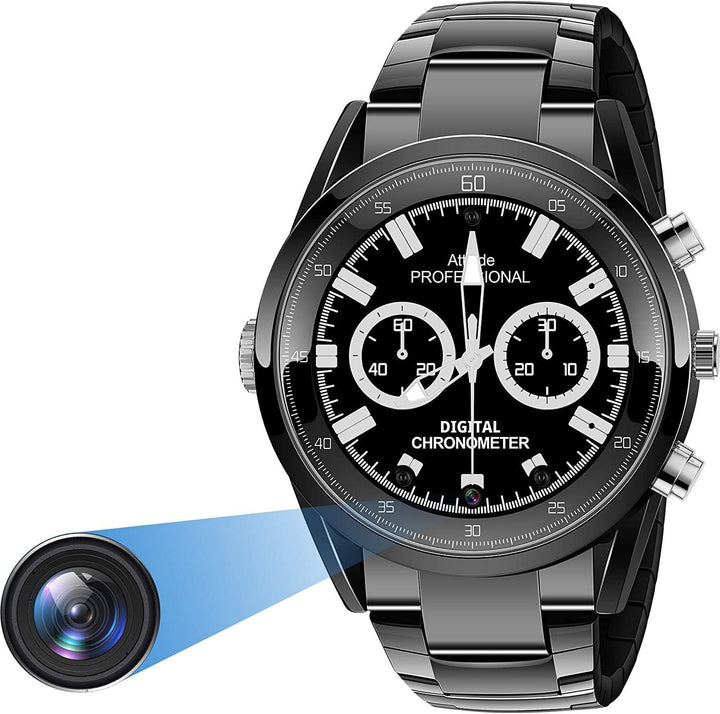 Menborn Kompaktkamera Spionagekamera Uhr Typ Infrarot Bewegungserkennung Kamera 32 GB Stahlarmband,