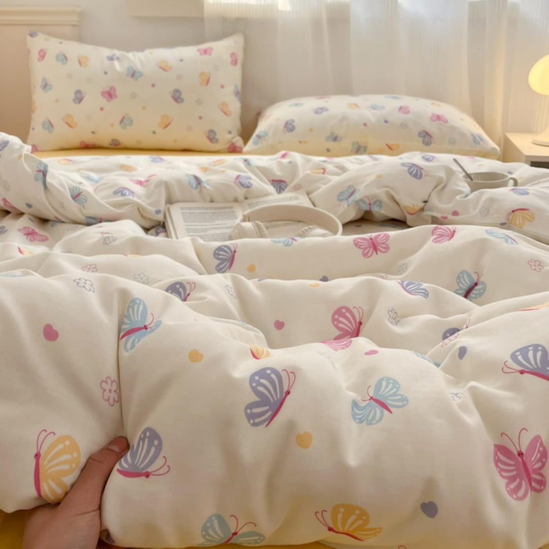 Freyamy Kinder Bettwäsche 100x135cm 2teilig Beige Bunt Schmetterling Mädchen Bettwaren-Sets Schmette