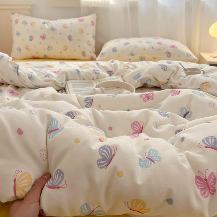 Freyamy Kinder Bettwäsche 100x135cm 2teilig Beige Bunt Schmetterling Mädchen Bettwaren-Sets Schmette