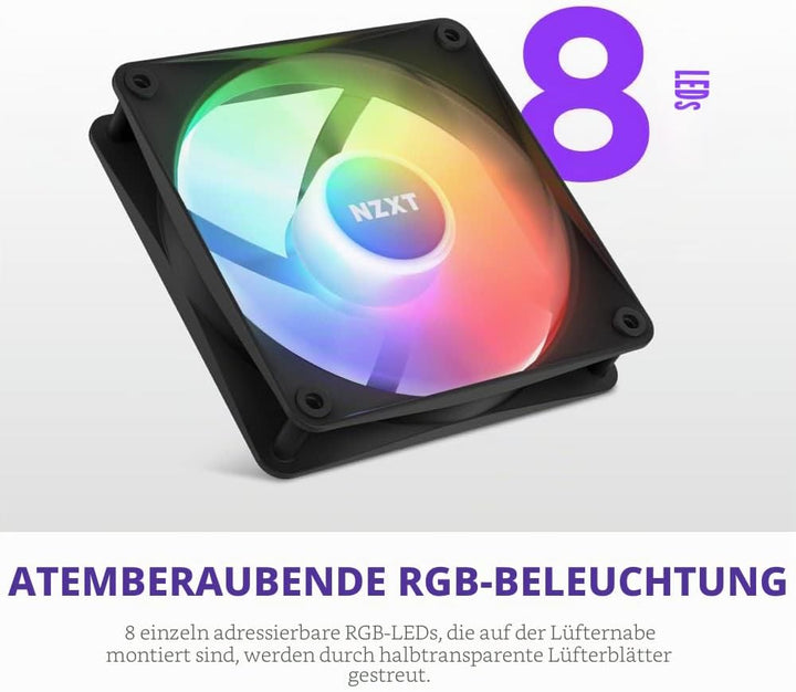 NZXT F120 RGB Core – 120 mm nabenmontierter RGB-Lüfter – 8 einzeln ansteuerbare LEDs – Halbtranspare