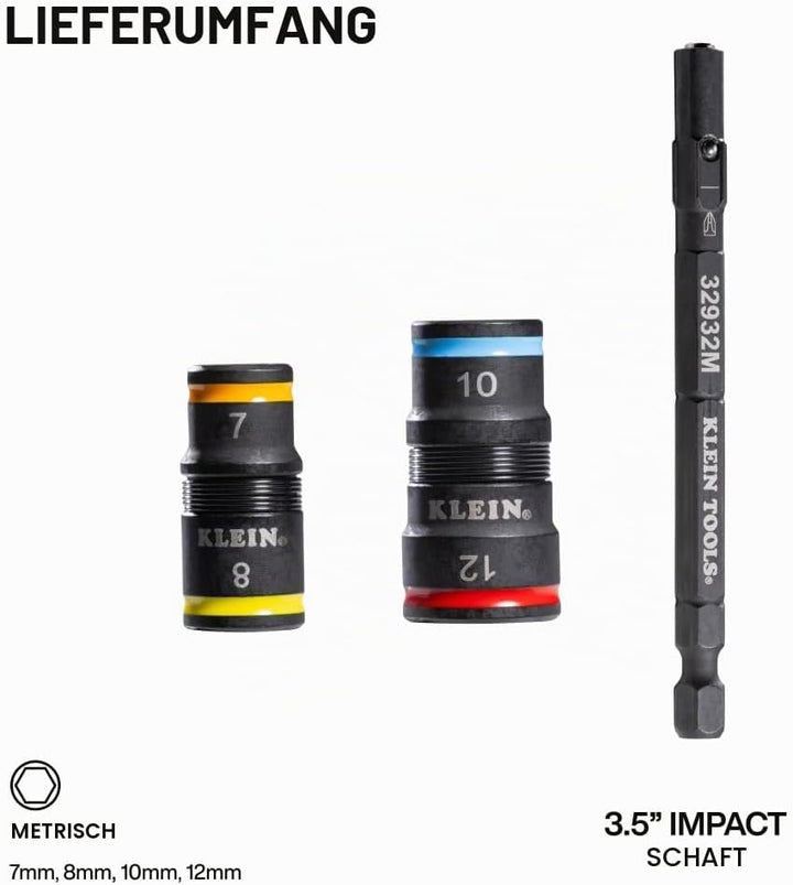 Klein Tools 32932M | 4‑in‑1 Flip‑Stecknuss‑Set metrisch | 7, 8, 10, 12mm | Impact‑Rated Stahl mit Fa