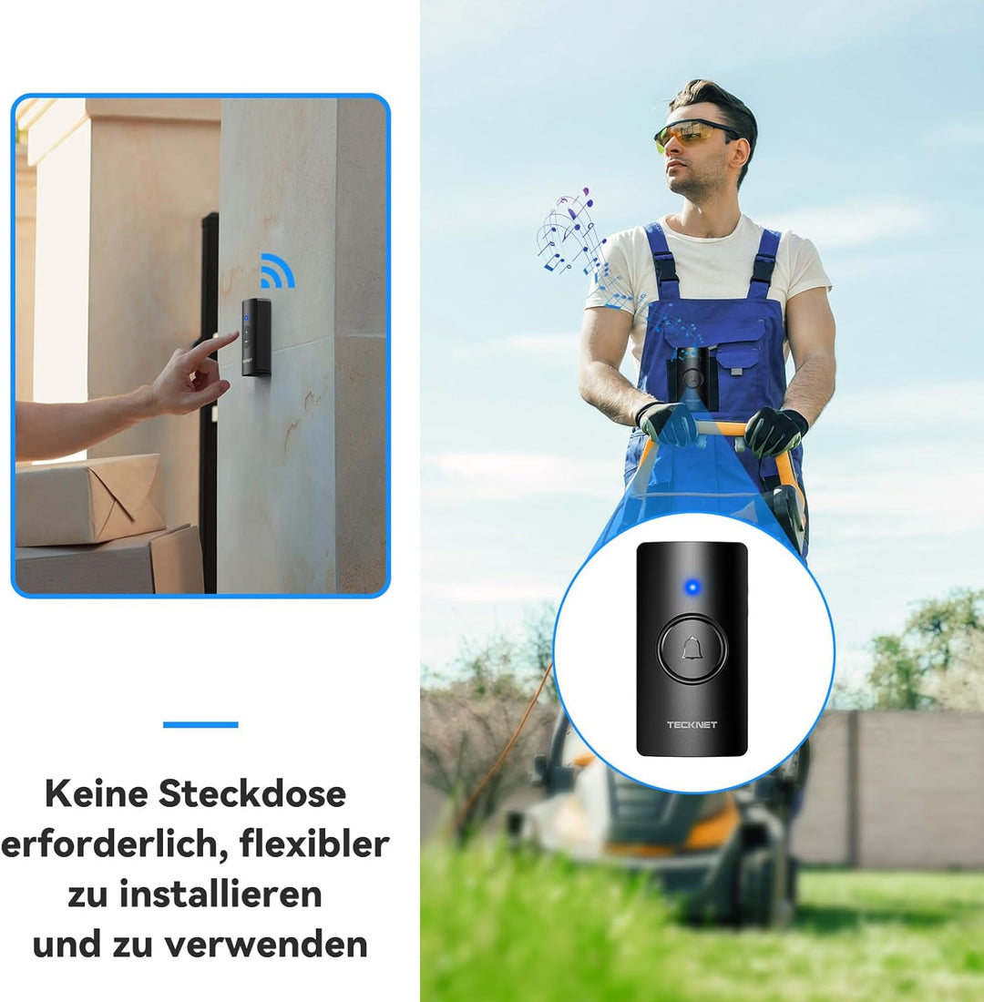 TECKNET Funkklingel 2 Empfänger, 400m Reichweite IP67 Funkklingel aussen wasserdicht, Funkklingel Ba