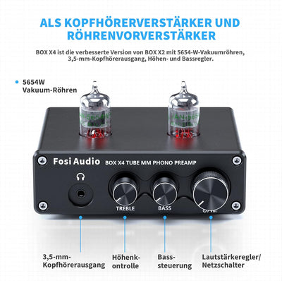 Fosi Audio X4 HiFi Phono Röhren Vorverstärker, Hi-Fi Röhrenvorverstärker Kopfhörerverstärker, JAN 56