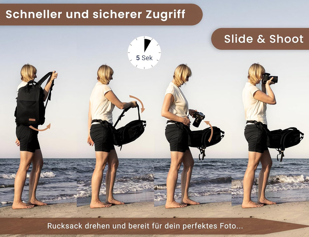 ENTDECKBAG Kamerarucksack Diebstahlsicher [mit Hüftgurt] Stauraum 14” Laptopfach Fotorucksack für Sp