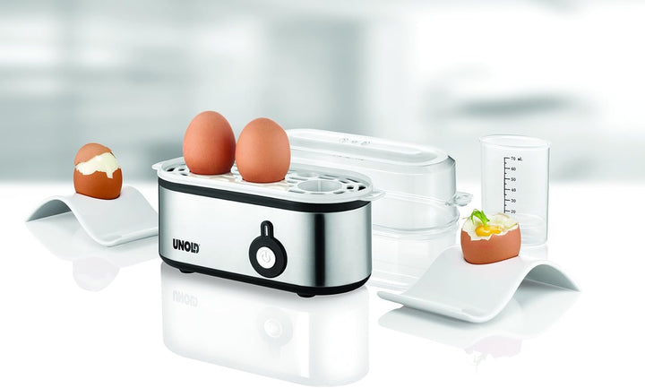 UNOLD 38610 Eierkocher Mini, Edelstahgehäuse, Eiereinsatz mit Griff für 1 bis 3 Eier, Signalton, Bet