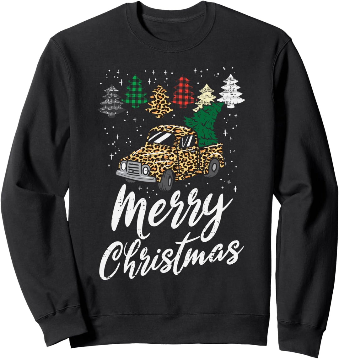 Merry Christmas Paid Leopard Truck Xmas Girls Women Gift Sweatshirt