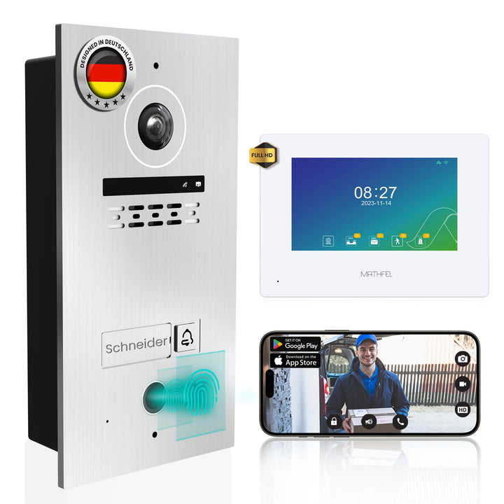MATHFEL 2 Draht Bus WLAN Video Türsprechanlage mit Fingerprint, Gegensprechanlage Fischaugenkamera 1