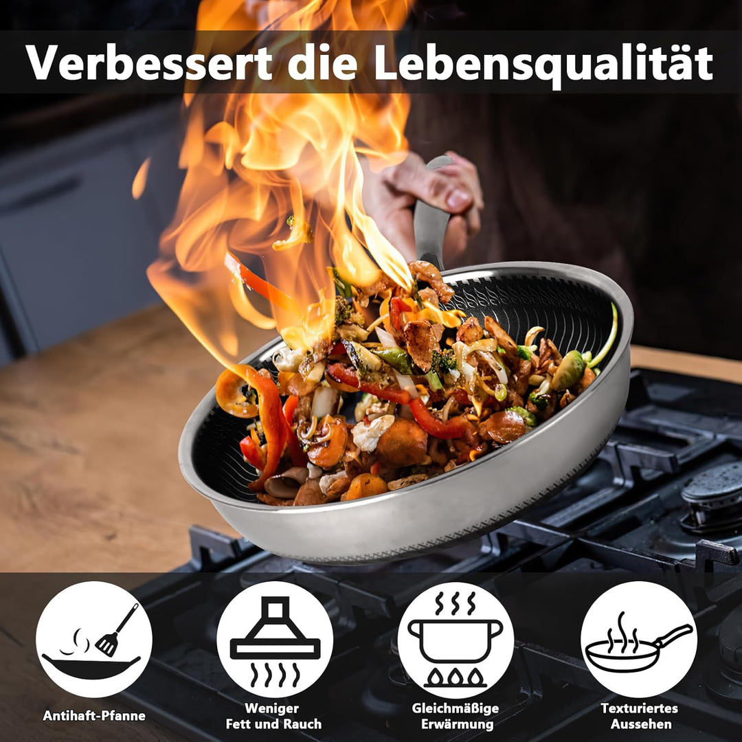 W&H Bratpfanne, 28 cm Edelstahl Pfanne mit Wabenstruktur,Antihaftbeschichtung, Abnehmbarer Griff, Ge