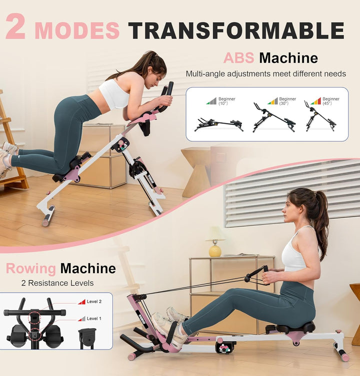TODO 3 in 1 Rudergerät für zuhause, Multifunctionale Rudermaschine mit 2 Intensitäten Anstellbar, Ab