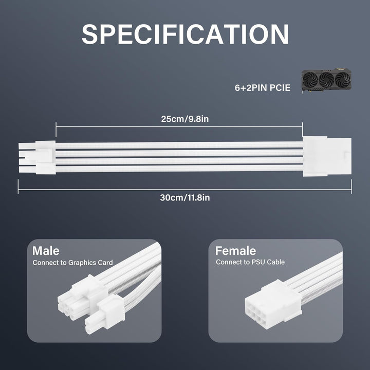 Verlängerungskabel-Adapter ATX 8-polig auf ATX 8-polig (6+2) Stecker, Weiss, für PC Build, High-End-