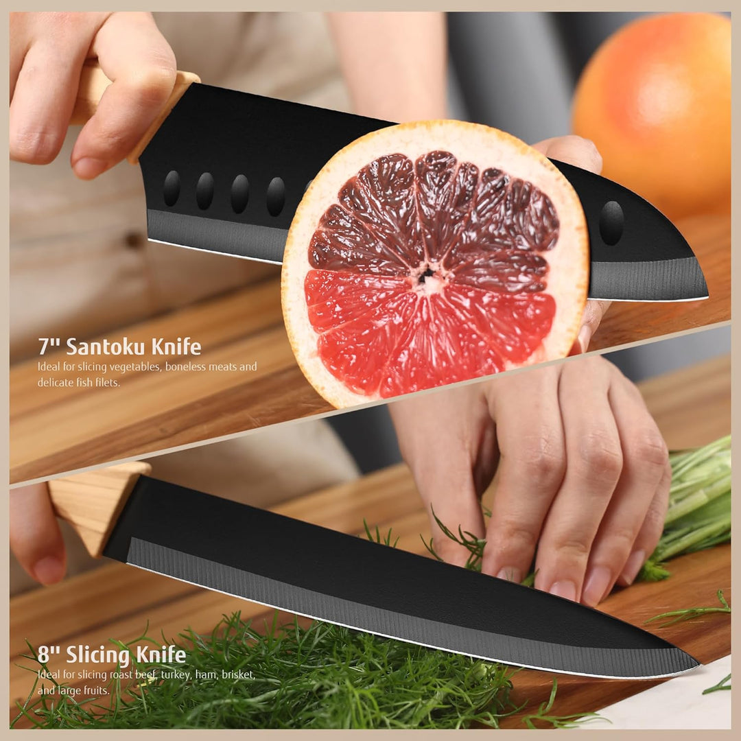 hecef Messerblock Set 6 Teilig, Edelstahl Küchenmesser mit Universalblock, Chefmesser & Santoku, Ext