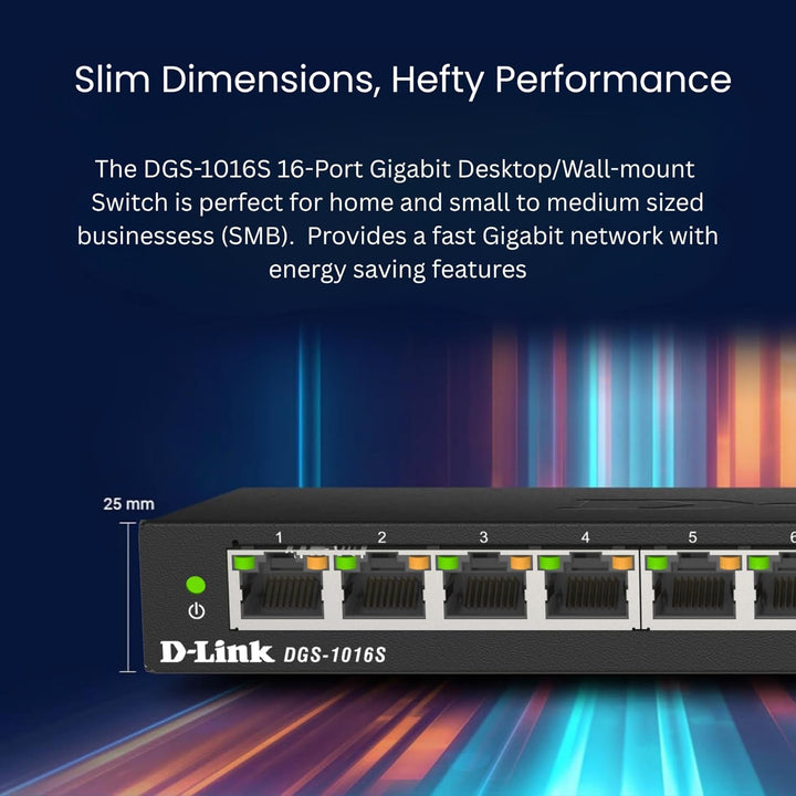 D-Link DGS-1016S 16-Port Unmanaged Gigabit Switch (ohne Lüfter, Low Profile Metallgehäuse, Desktop /