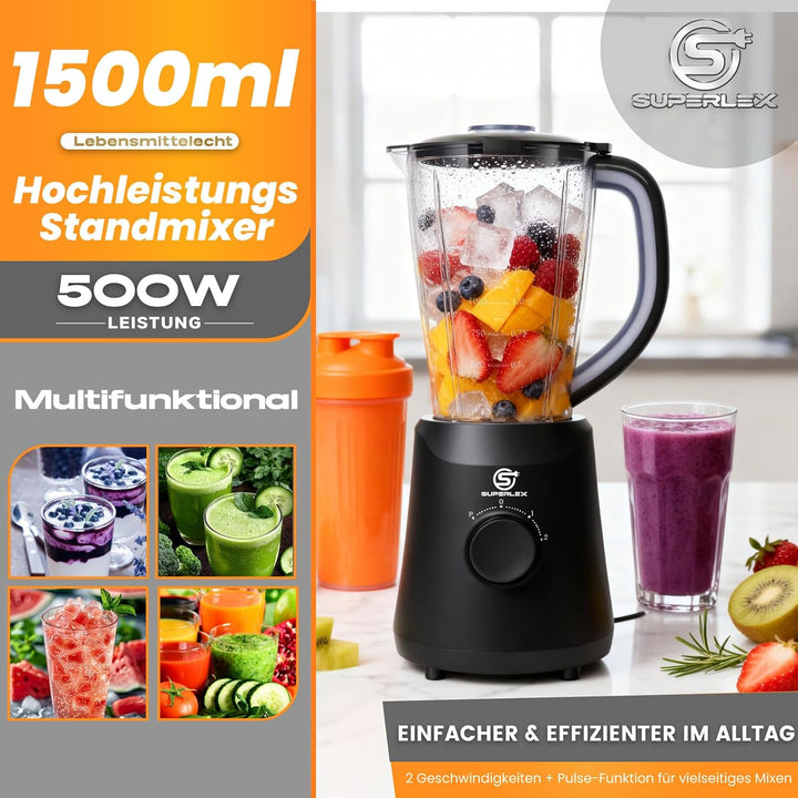 Standmixer 500W Smoothie Maker, 1,5L Mixer mit 2 Geschwindigkeiten | Pulsfunktion, Edelstahlklingen