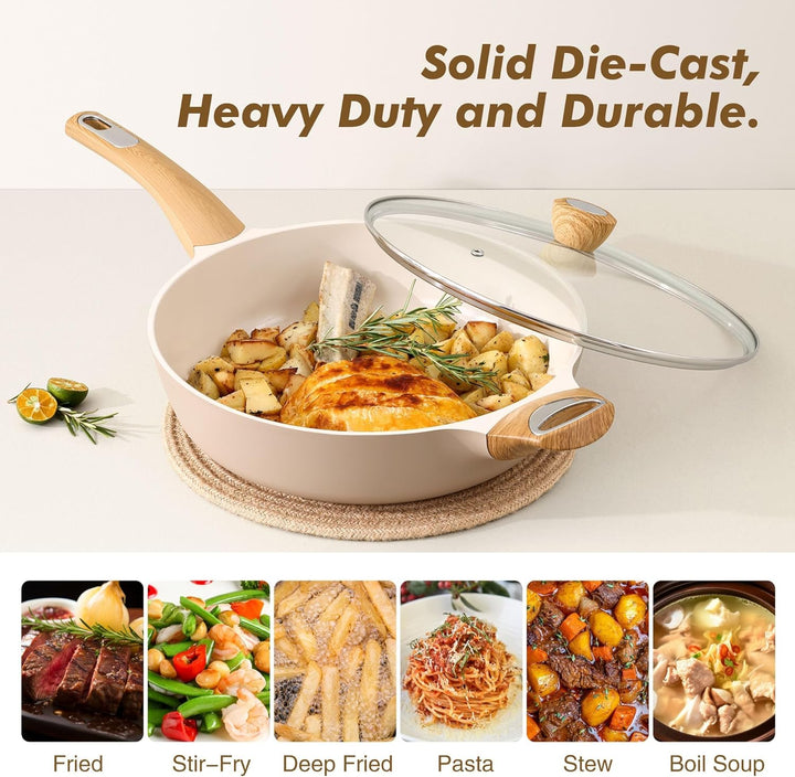 SENSARTE 30cm Beige Keramik Tiefe Bratpfanne mit Deckel, 4.7L Sautepfanne mit Deckel, Grosse Bratpfa