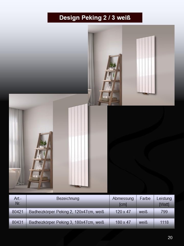 Badheizkörper Design Peking 2 120x47cm 799 Watt weiss (+ 2 Knopfhalter) SZAGATO Handtuchwärmer Handt