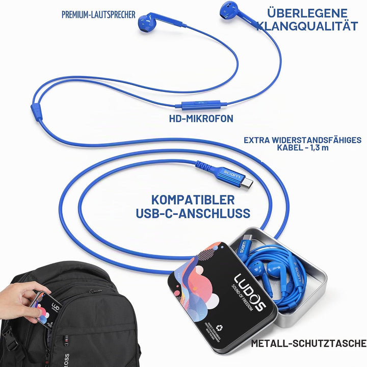 LUDOS FEROX USB C Kopfhörer, 5 Jahre Garantie für iPhone 16 15 Pro Max Plus Samsung Galaxy S24 S23 U