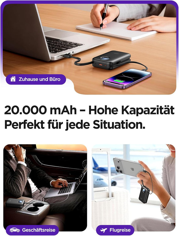 Aioneus Power Bank 20000mAh, 35W USB-C PD Schnellladefunktion PowerBank mit integrierten Kabeln (USB