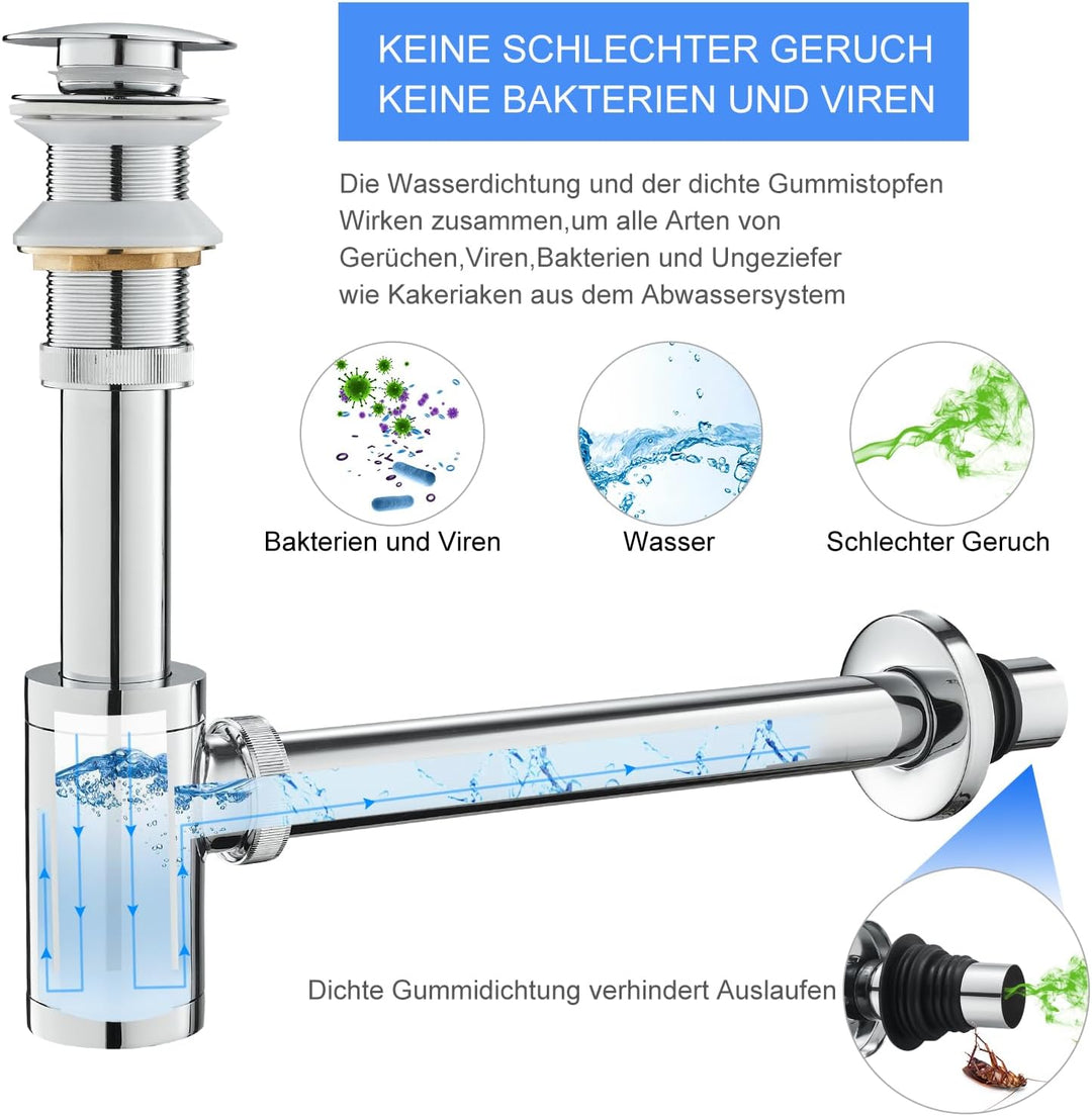 KEOKBON Badezimmer Waschbecken Flaschenfalle, Siphon & Pop up Ventil Ablaufgarnitur ohne Überlauf St