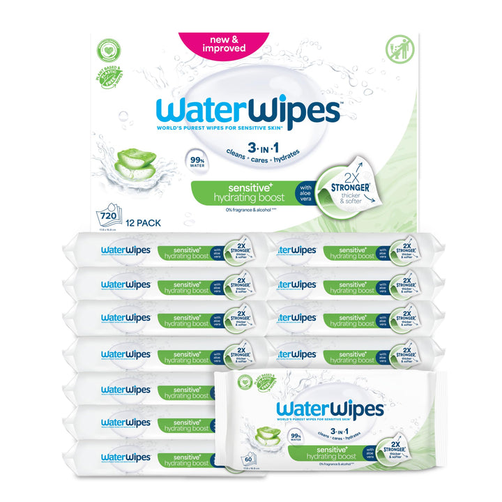 WaterWipes Sensitive+ Hydrating Boost Wipes, Feuchtigkeitsspendende Tücher, 720 Stück (12 Packungen)