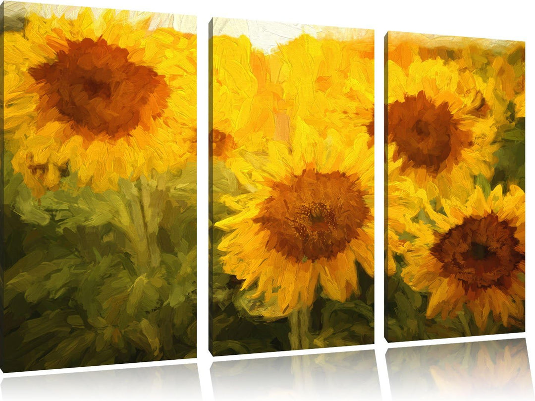 Pixxprint Sonnenblumen auf dem Feld Kunst als Leinwandbild/Grösse: 3 Teilig (120x80 cm) cm/Wandbild/