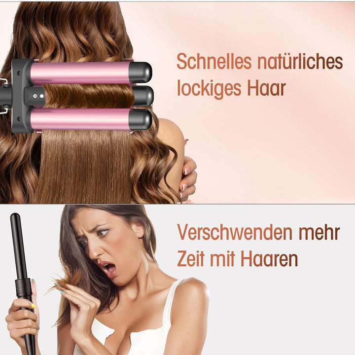 Lockenstab 3 Fässer, Beach Waves Welleneisen mit einstellbarer Temperatur, PTC Schnellheizung Schnel