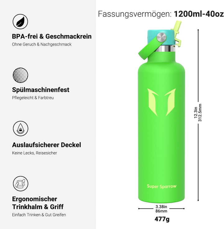 Super Sparrow Trinkflasche Edelstahl - Thermobecher - 350ml, 500ml, 750ml, 1L, 1.2L - FlipFlow Trink