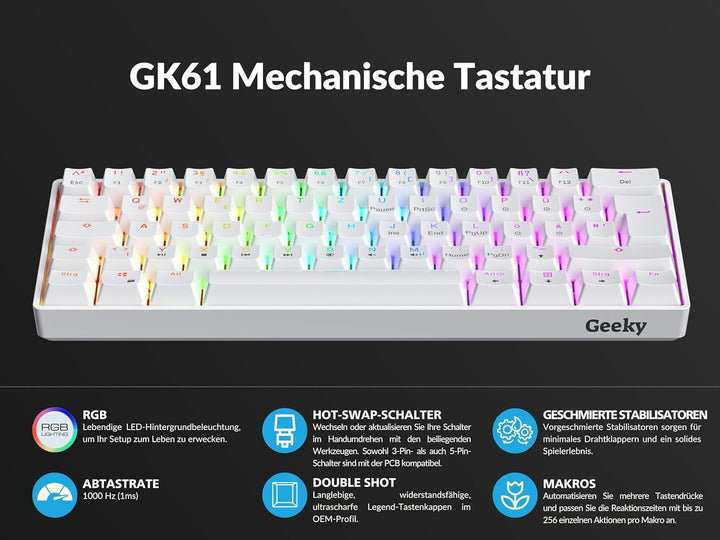 Geeky GK61 60% | Hot Swappable Mechanische Gaming-Tastatur | 62 Tasten Multi Color RGB LED Hintergru
