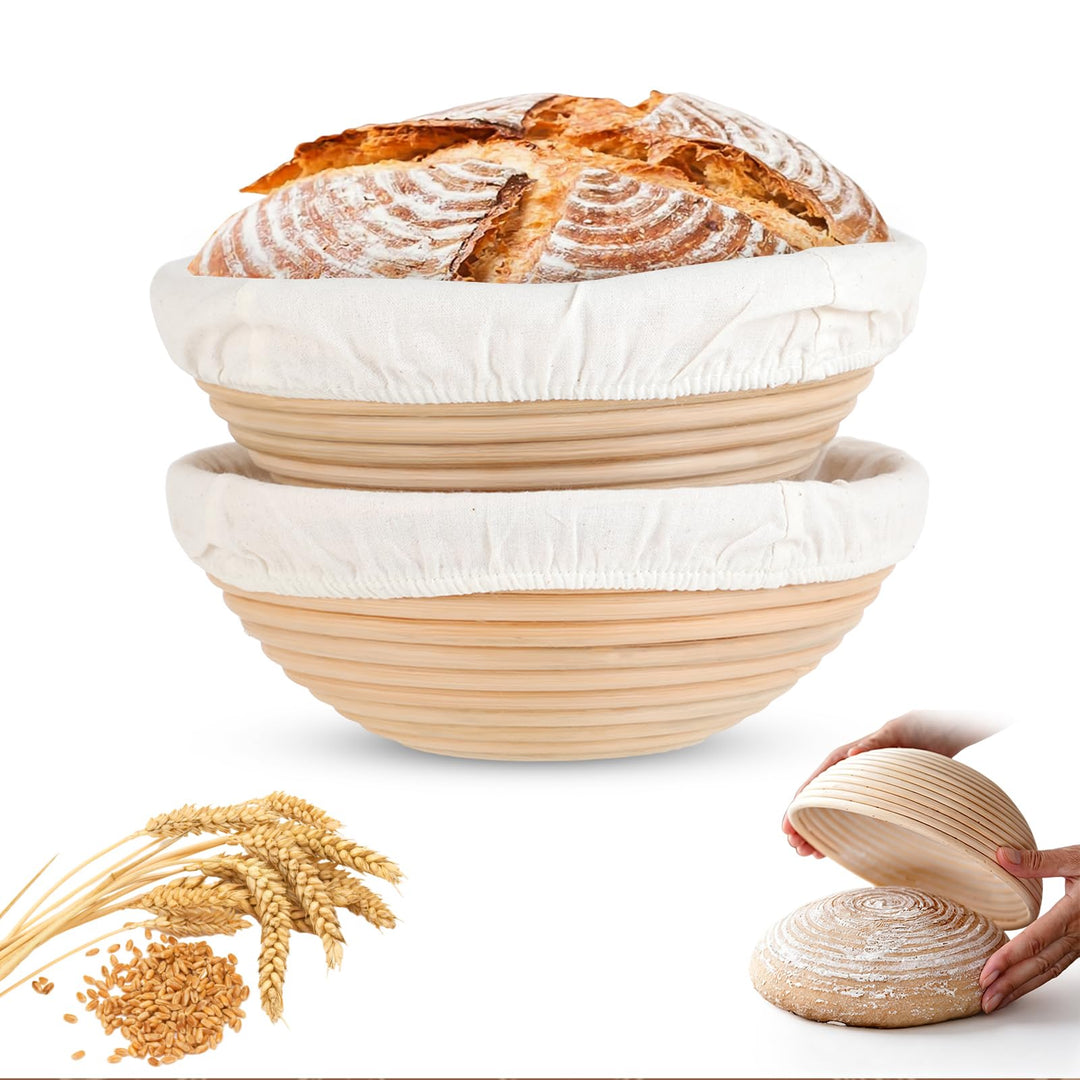 Gärkörbchen Set 2-teilig, Gärkörbchen Rund 23 cm Leinenfutter, Gärkorb Brot | Waschbares Leinen, aus