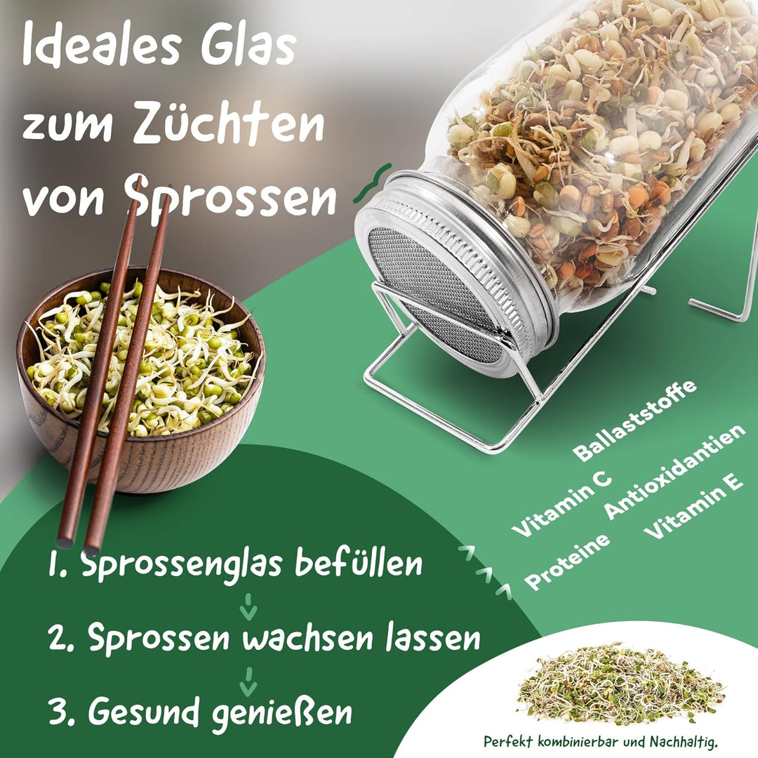 MACHERÓ Sprossenglas mit Deckel 750 ml, Keimglas 2er-Set Pflanzen im Glas, inkl. Abtropfschale, Edel
