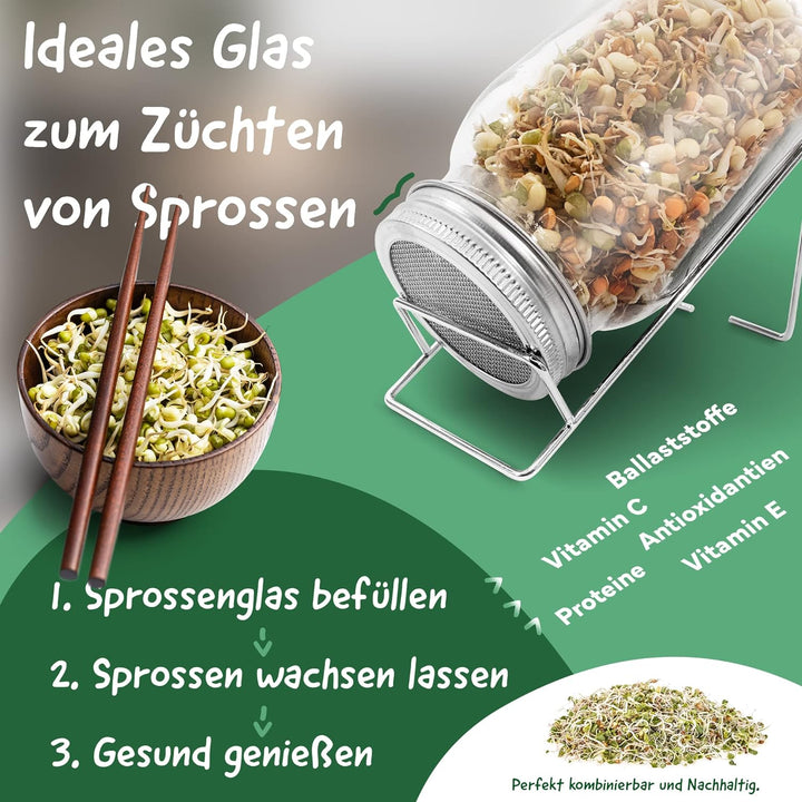 MACHERÓ Sprossenglas mit Deckel 750 ml, Keimglas 2er-Set Pflanzen im Glas, inkl. Abtropfschale, Edel