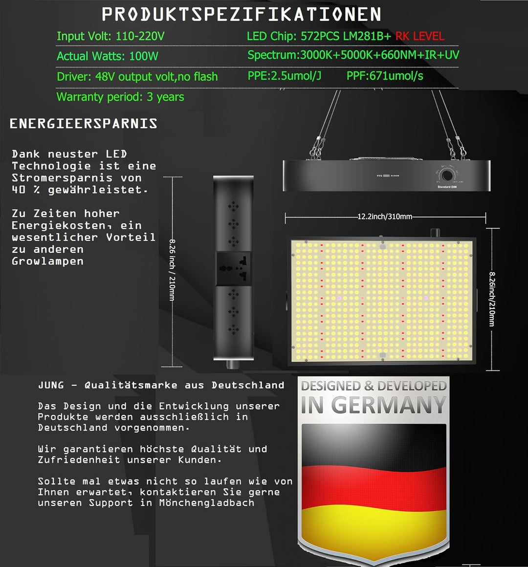 JUNG Growbox Komplettset Anbau Set mit LED Vollspektrum Grow Lampe Dimmbar, 40x40x120 cm, mit Ventil