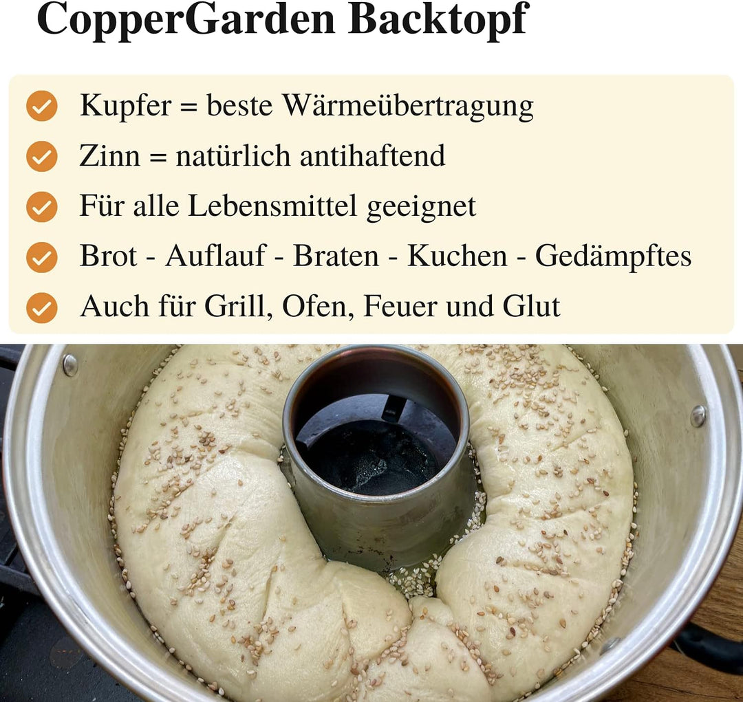 CopperGarden Aura24 Backtopf aus Kupfer I Kupfertopf für Camping/Gasherd/Grill & Lagerfeuer I Kupfer