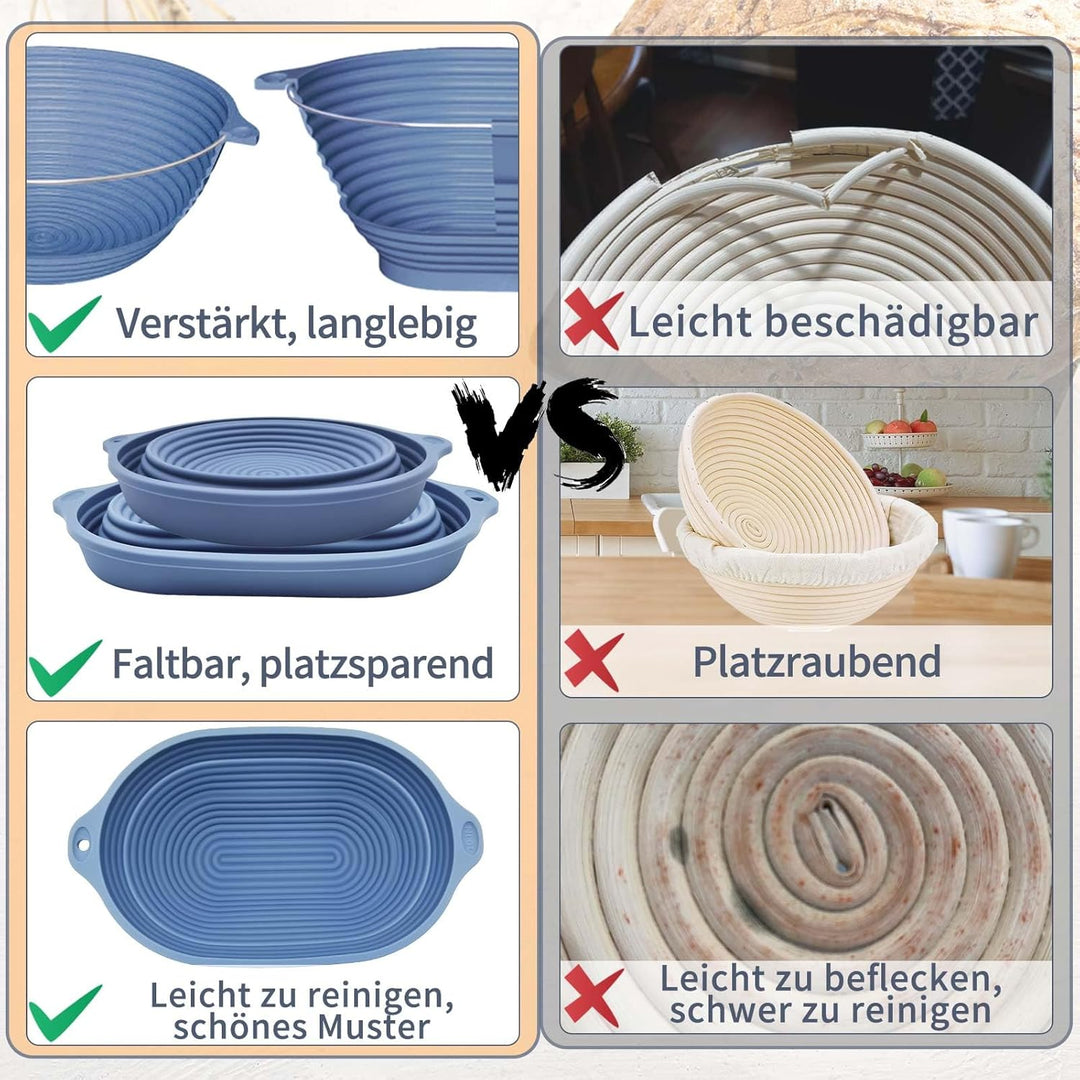 Silikon Gärkörbchen für Brot, 28 cm Gärkorb Oval und 25 cm Gärkorb Brot Rund, Faltbarer, Verbesserte