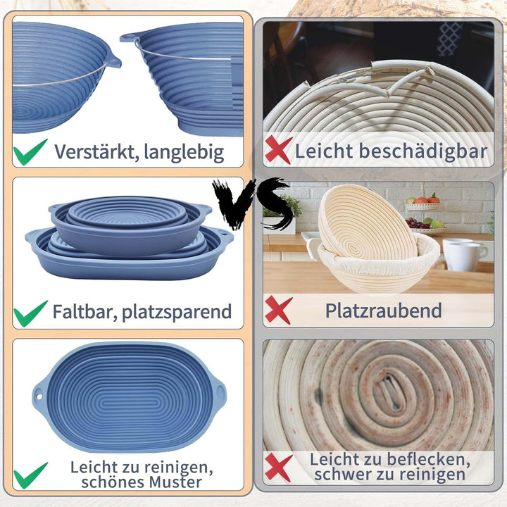 Silikon Gärkörbchen für Brot, 28 cm Gärkorb Oval und 25 cm Gärkorb Brot Rund, Faltbarer, Verbesserte