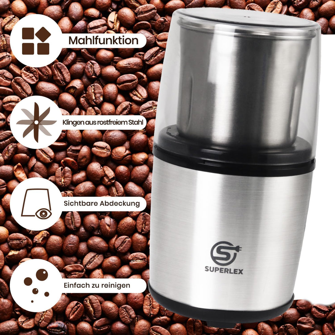 SUPERLEX Kaffeemühle elektrisch mit 100g Füllmenge, 200 Watt Edelstahl Gewürzmühle Abnehmbare Edelst