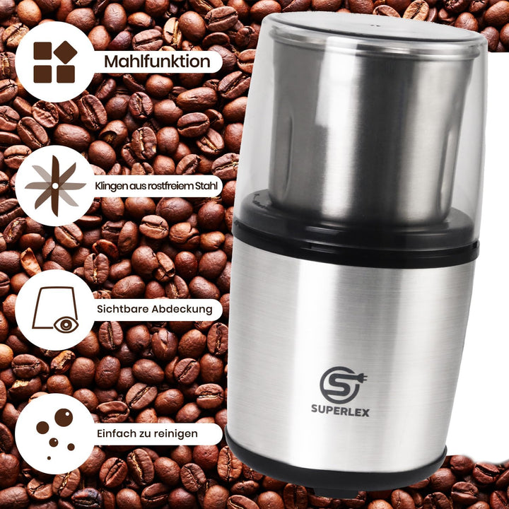 SUPERLEX Kaffeemühle elektrisch mit 100g Füllmenge, 200 Watt Edelstahl Gewürzmühle Abnehmbare Edelst