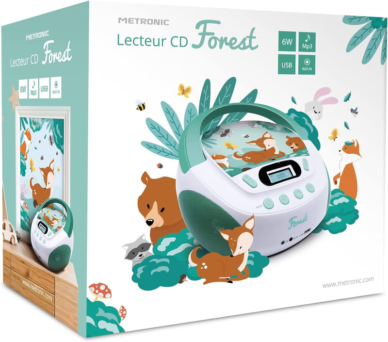 Metronic 477147 CD-MP3-Player Forest Kinder mit USB-Port und Audio-Eingang, Kopfhörerausgang, grün,